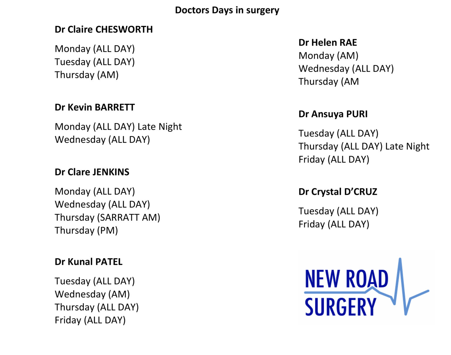 Doctors Working Days New Road Surgery